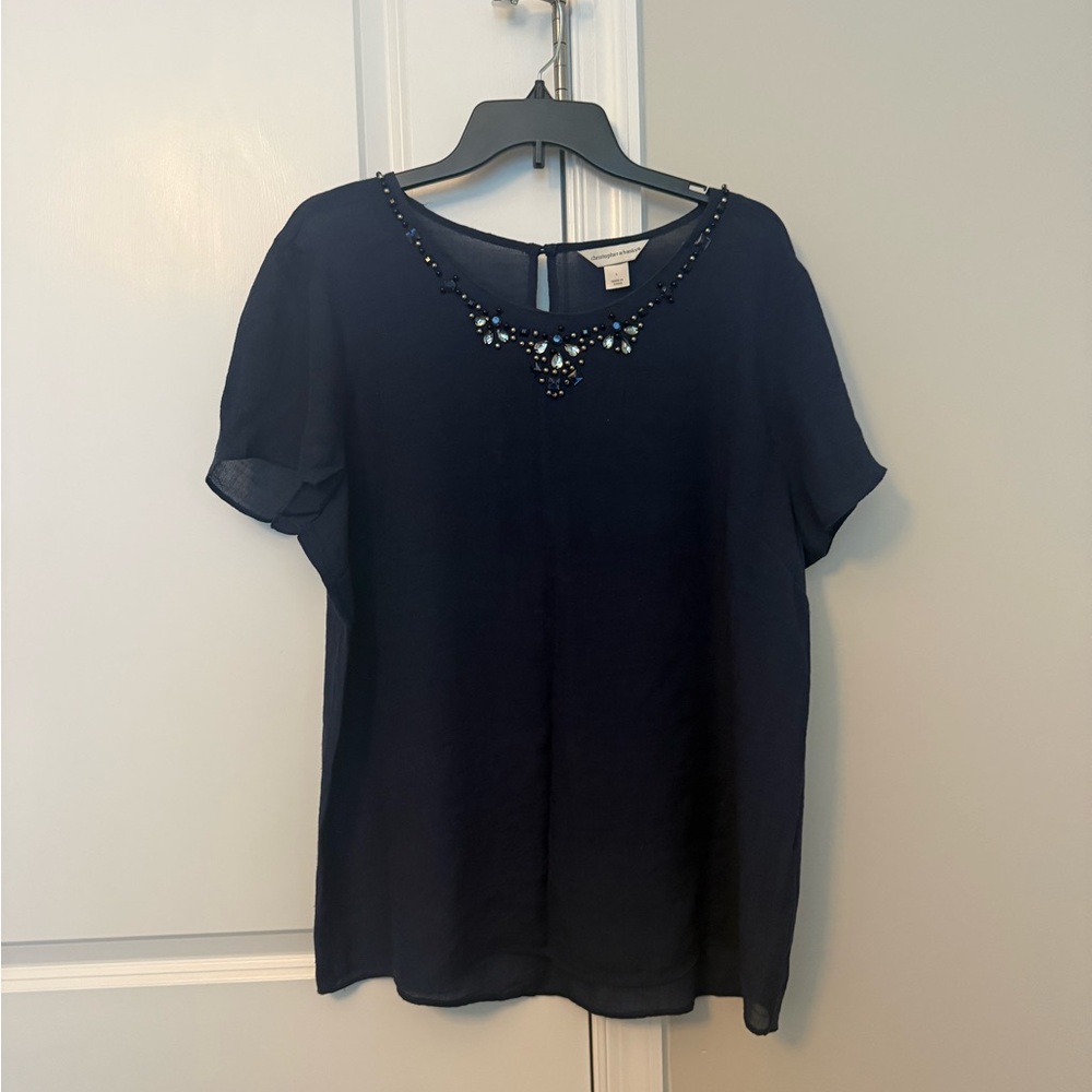 Christopher & Banks Navy Beaded Neck Short-Sleeve Blouse